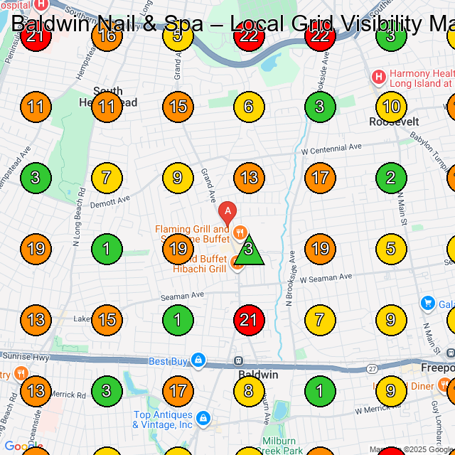 Baldwin Nail & Spa Nail Salon GeoGrid ranking map for Baldwin NY